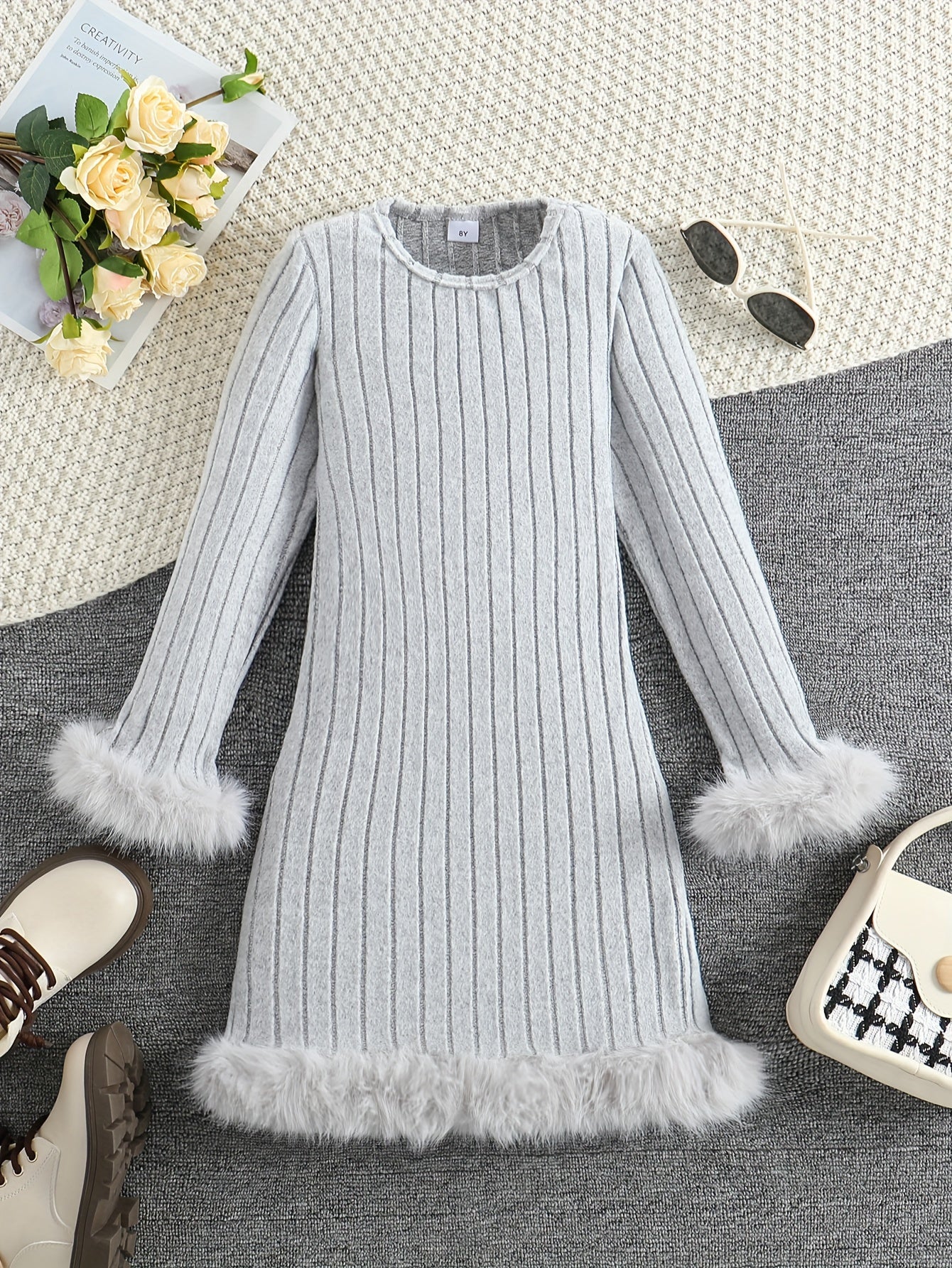 Long Sleeve Faux Furry Hem Ribbed Dress