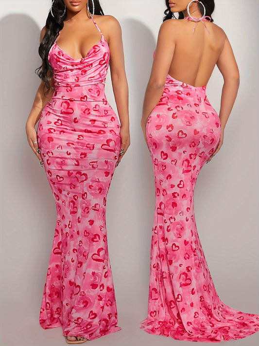 Valentine'S Day Pink Dress with Full Print of Love Flowers