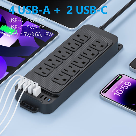 10-Outlet Flat Plug Power Strip with 6 USB Ports (2 USB-C)