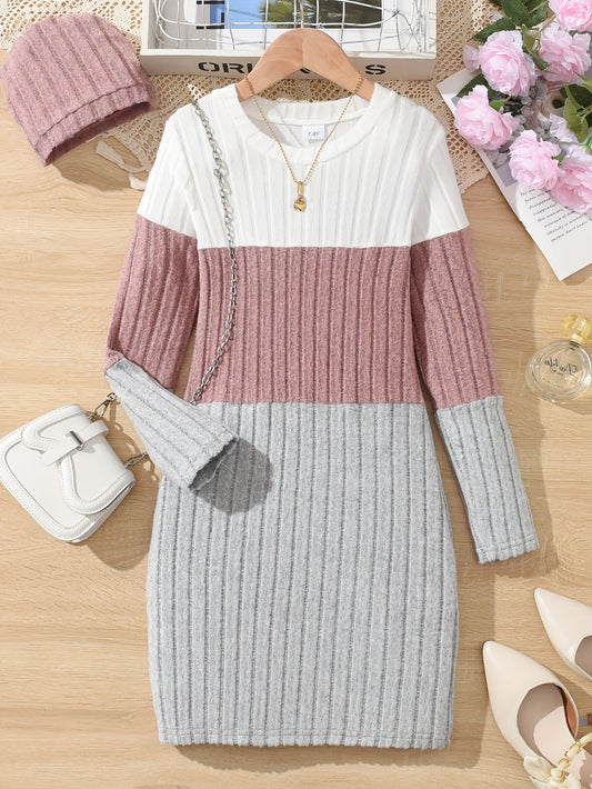Three-Tone Color Block Long-Sleeve Dress and Matching Hat Set