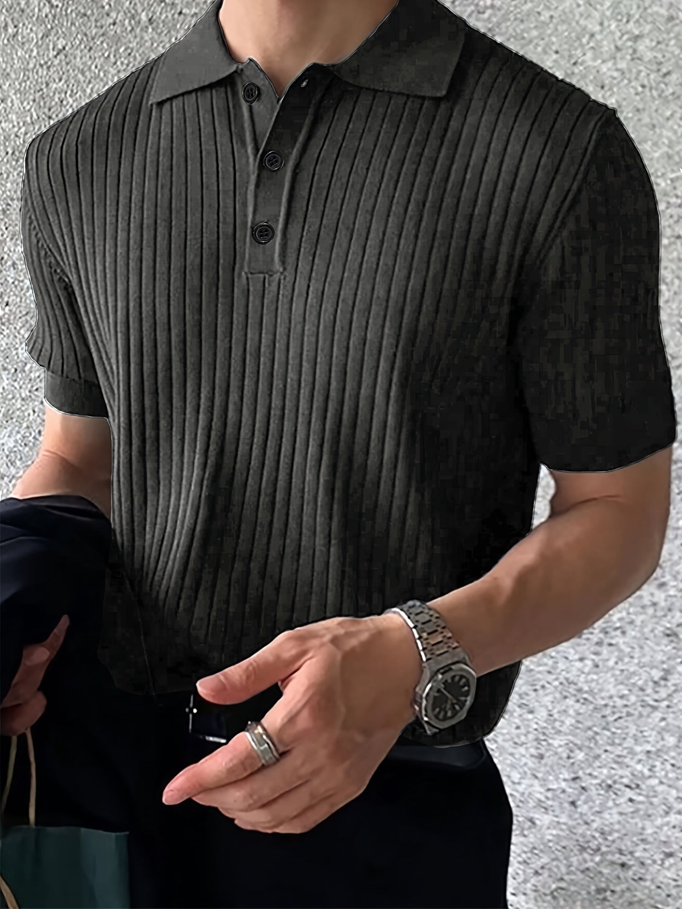 Men's Ribbed And Knit Short Sleeve Lapel Collar Shirt