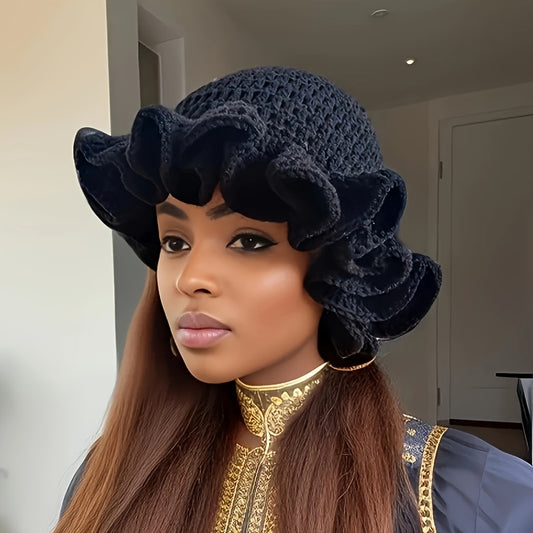 Hand Crochet Adult Lace Ruffle Hat Flower Brim Hat