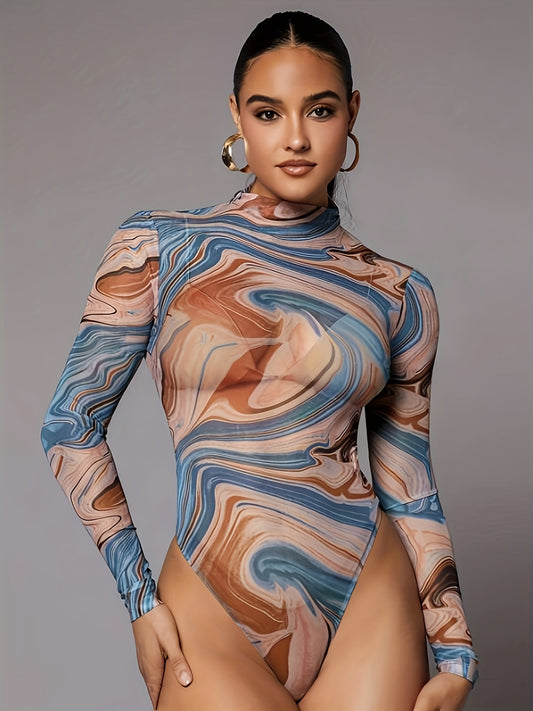 Marble Print Mock Neck Mesh Bodysuit