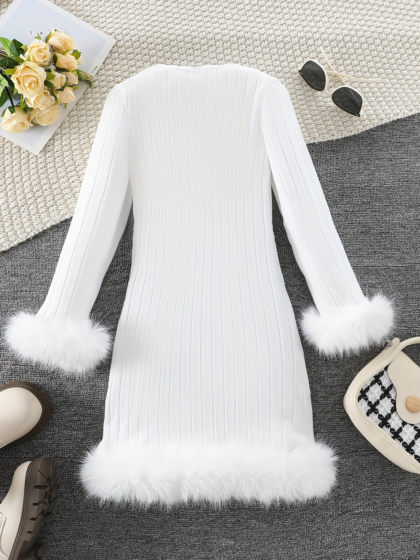 Long Sleeve Faux Furry Hem Ribbed Dress